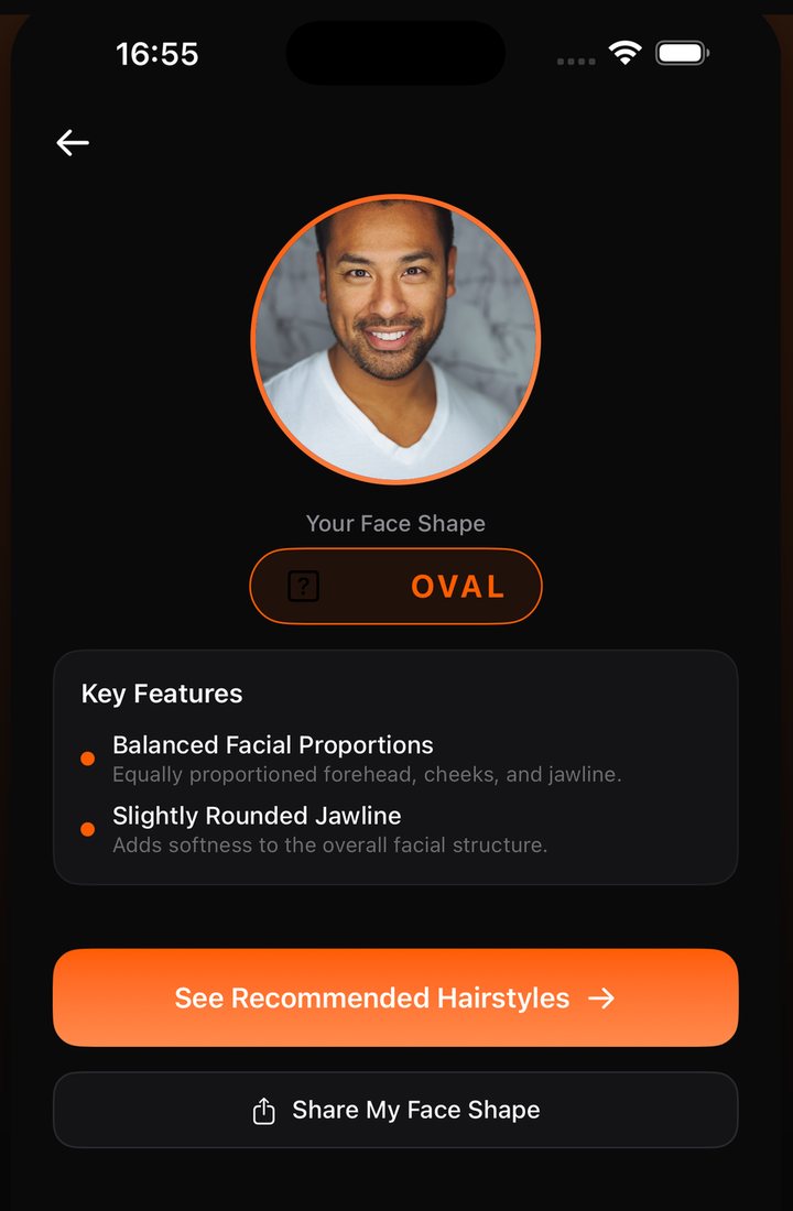 Face shape analysis result in HairMatch AI showing an oval classification with the features behind it