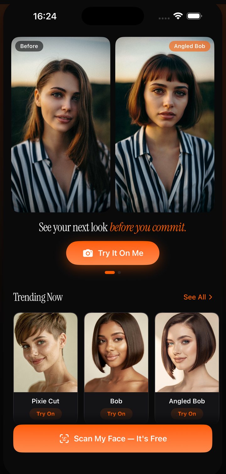 A before photo beside an AI-generated angled bob preview of the same person, with the face unchanged