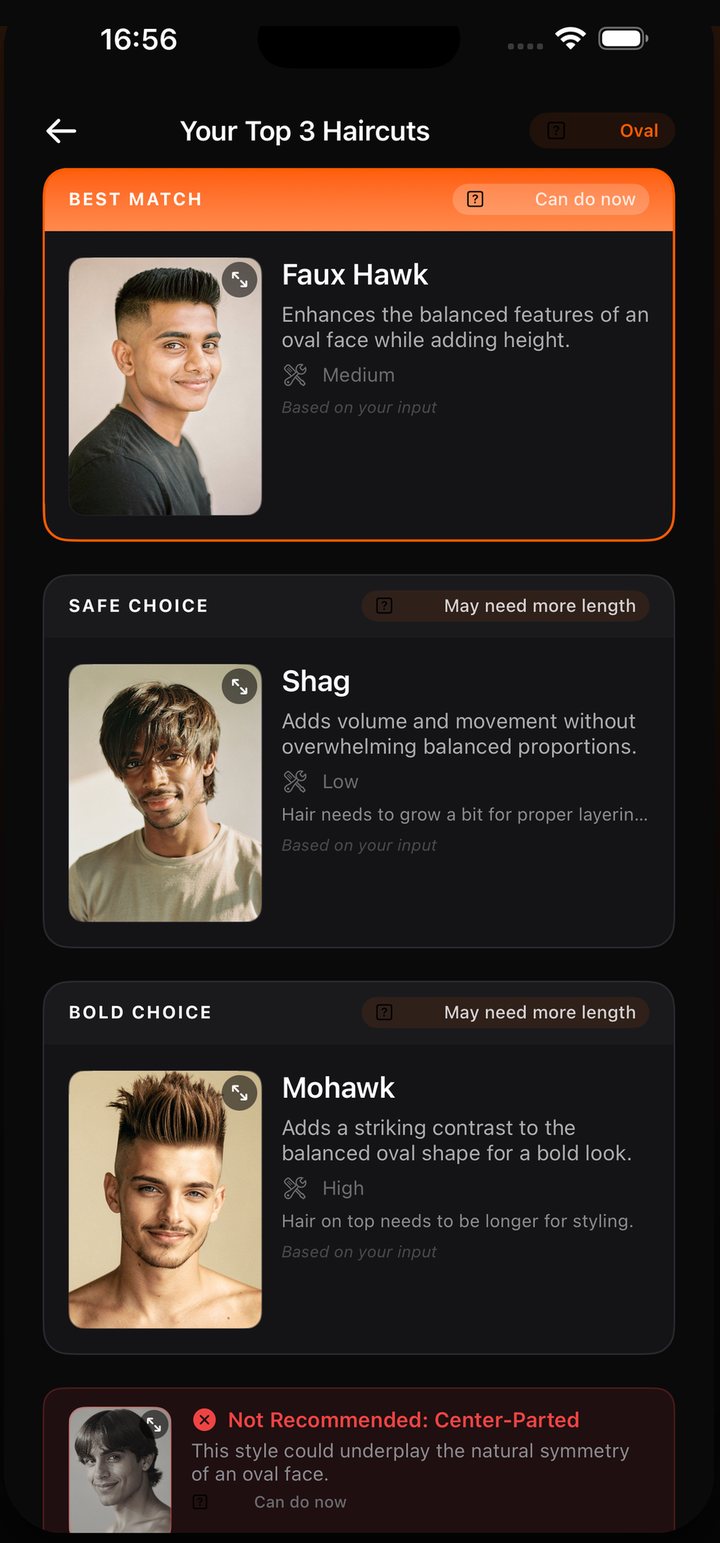 HairMatch AI recommendation screen showing Best Match, Safe Choice, Bold Choice and a not-recommended style for an oval face
